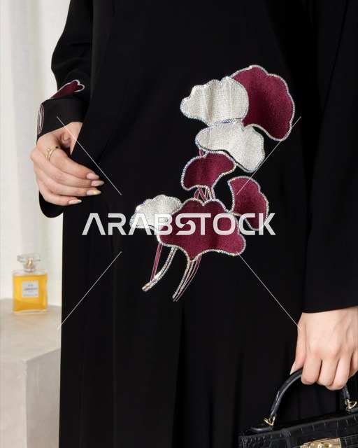 Saudi Woman Black Abaya with Floral Embroidery