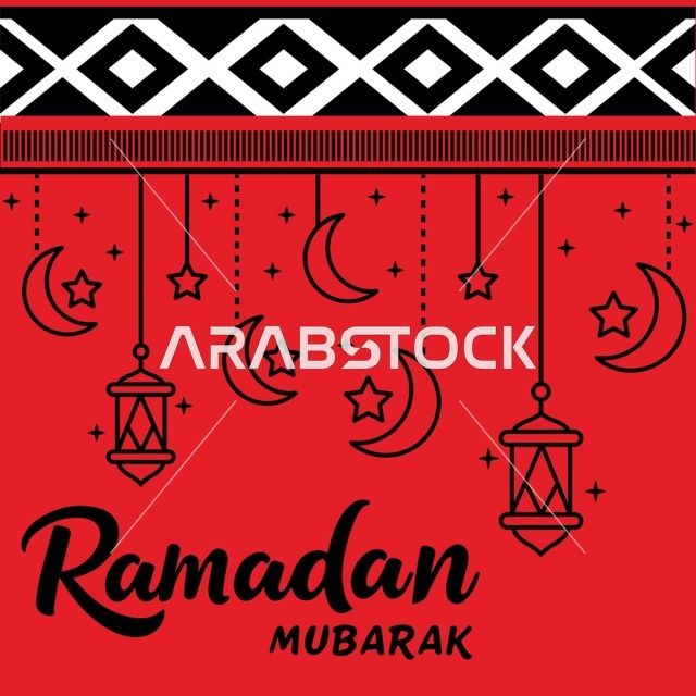 تهنئة رمضان مبارك باللون الأحمر مع نمط سدو وفوانيس