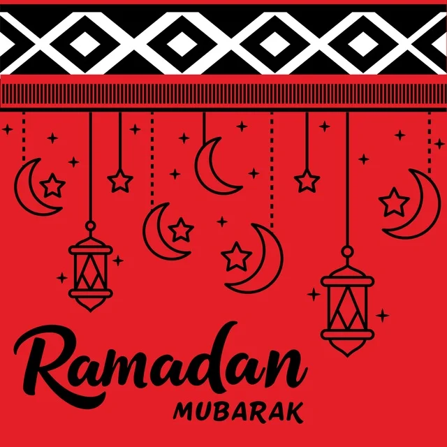 Ramadan Mubarak Red Graphic with Lanterns and Sadu Pattern
