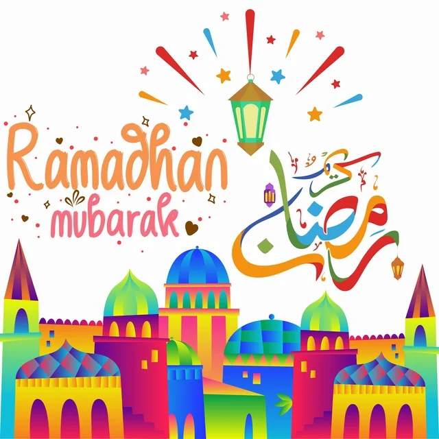 تهنئة رمضان مبارك مع رسم توضيحي لمدينة إسلامية ملونة تهنئة رمضان مبارك مع رسم توضيحي لمدينة إسلامية ملونة