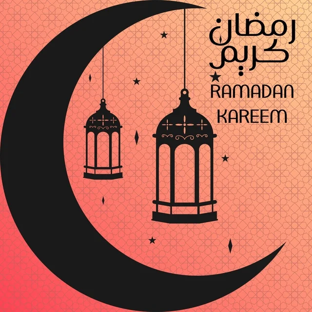 Ramadan Kareem Greeting with Crescent and Lanterns