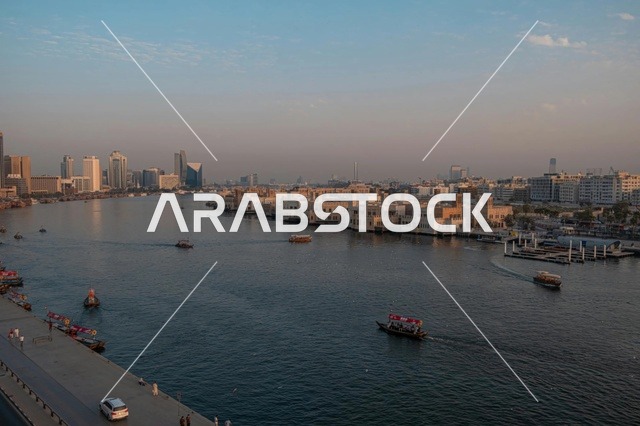 The waterfront of Dubai, natural landscapes in the United Arab Emirates, the view of the waters in the Arabian Gulf, tourism in the UAE.