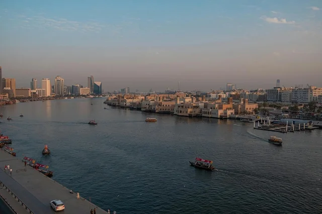 The waterfront of Dubai, natural landscapes in the United Arab Emirates, the view of the waters in the Arabian Gulf, tourism in the UAE.