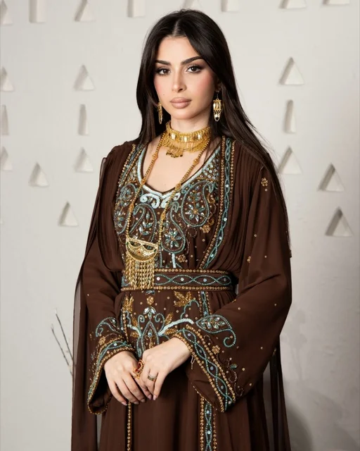 امرأة سعودية ترتدي جلابية تقليدية مطرزة