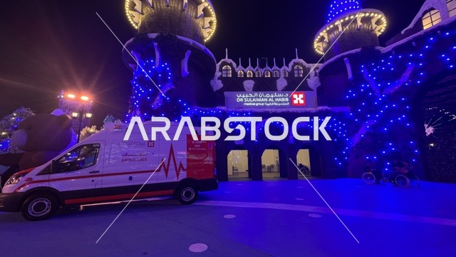 سيارة إسعاف في الشارع العالمي وينترويندرلاند بجدة ليلاً