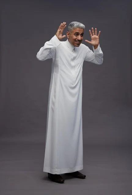 رجل سعودي بالثوب الأبيض يرفع يديه في الاستوديو