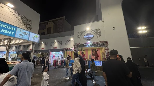 Decorated food stalls in the Global Street at Winter Wonderland in the city of Jeddah.