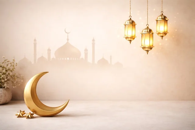 Golden Ramadan Crescent Moon and Lanterns Background