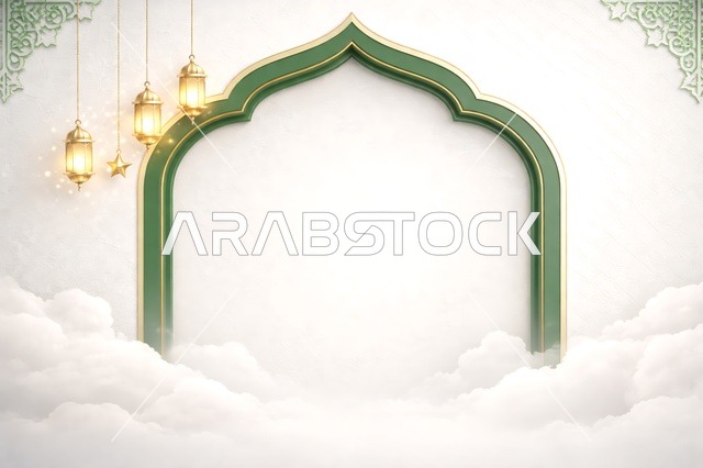 خلفية رمضان وعيد إسلامية مع قوس أخضر وسحب
