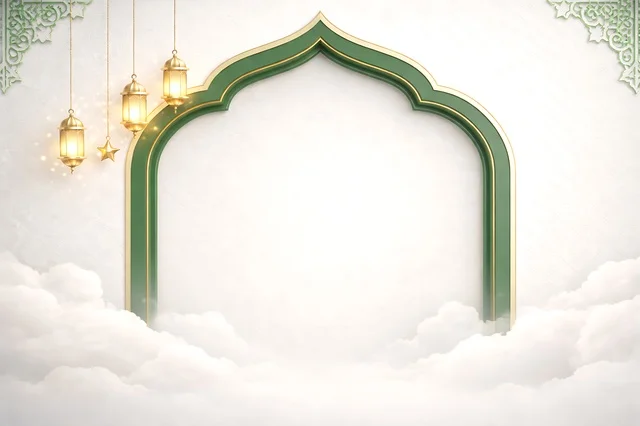 خلفية رمضان وعيد إسلامية مع قوس أخضر وسحب