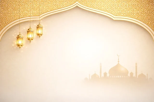Islamic Ramadan Background with Gold Arch and Lanterns