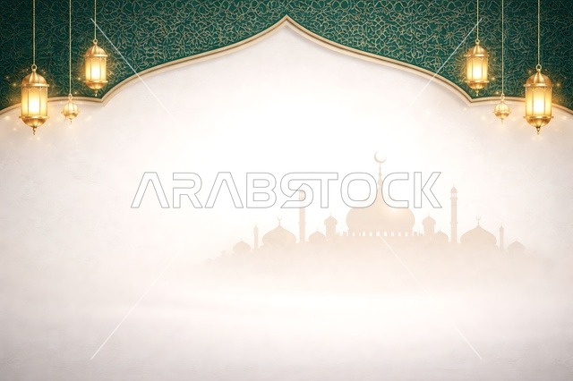 Ramadan Background with Mosque Silhouette and Lanterns