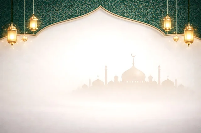 Ramadan Background with Mosque Silhouette and Lanterns