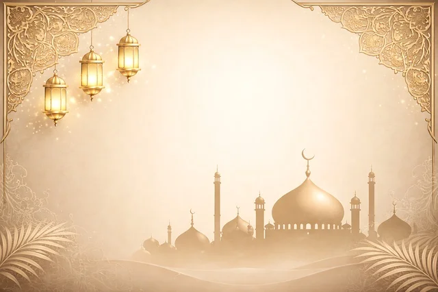 Ramadan Background with Mosque and Golden Lanterns