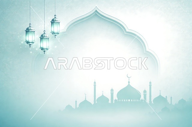 خلفية رمضان إسلامية مع فوانيس وظل مسجد