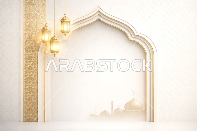 Islamic Arch and Golden Lantern Ramadan Background