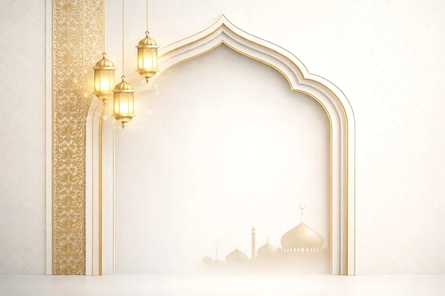 Islamic Arch and Golden Lantern Ramadan Background