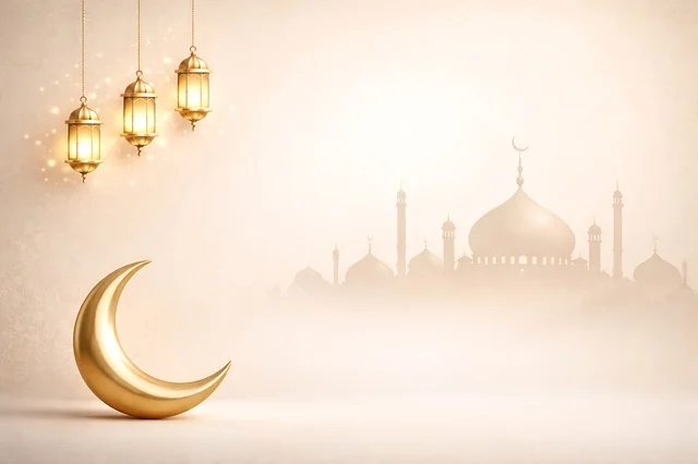Golden Ramadan Crescent and Lantern Background
