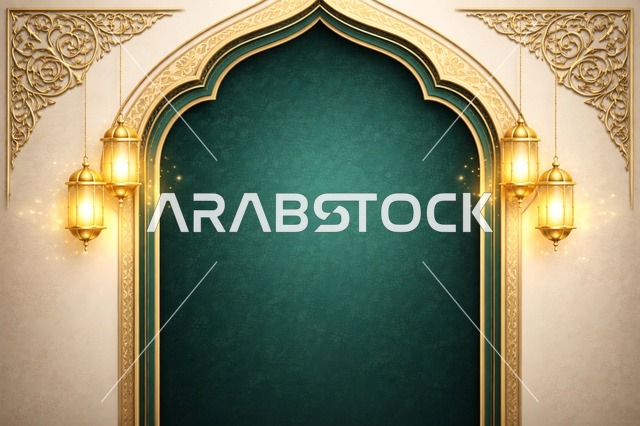 Islamic Golden Arch with Ramadan Lanterns Background