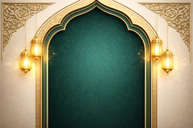 Islamic Golden Arch with Ramadan Lanterns Background