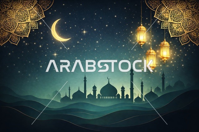 خلفية رمضانية لمسجد مع فوانيس وهلال في الليل