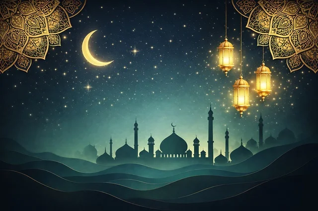 Ramadan Mosque Silhouette with Lanterns and Moon