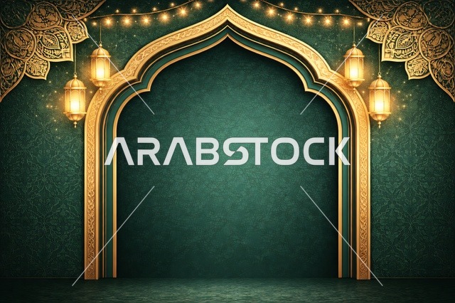 Islamic Ramadan Background with Golden Arch and Lanterns