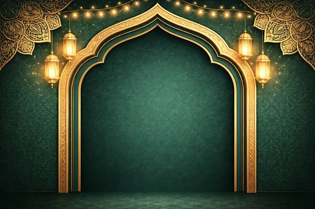 Islamic Ramadan Background with Golden Arch and Lanterns