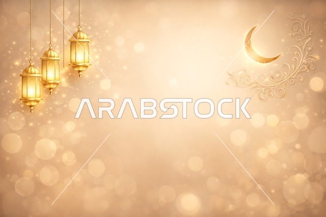 Golden Ramadan Lanterns and Crescent Moon Background