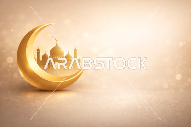 خلفية هلال ومسجد ذهبي لرمضان والعيد