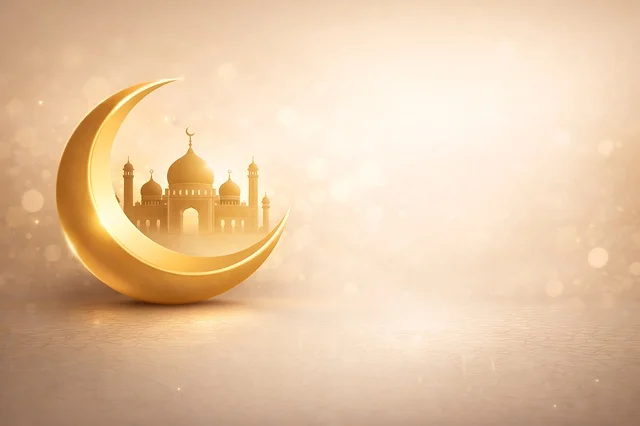 خلفية هلال ومسجد ذهبي لرمضان والعيد