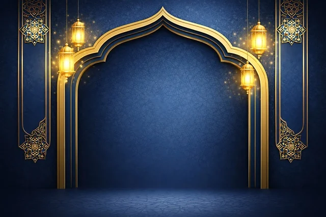 Ramadan Eid Blue Background with Golden Islamic Arch