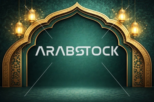Ramadan Islamic Background with Golden Arch and Lanterns