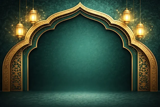 Ramadan Islamic Background with Golden Arch and Lanterns