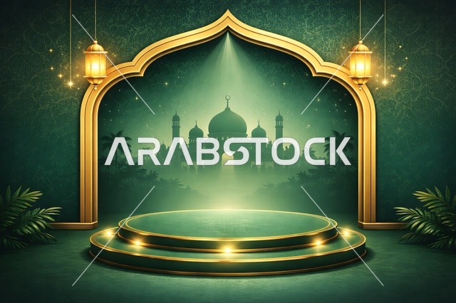 Green Islamic Podium with Mosque Silhouette and Lanterns