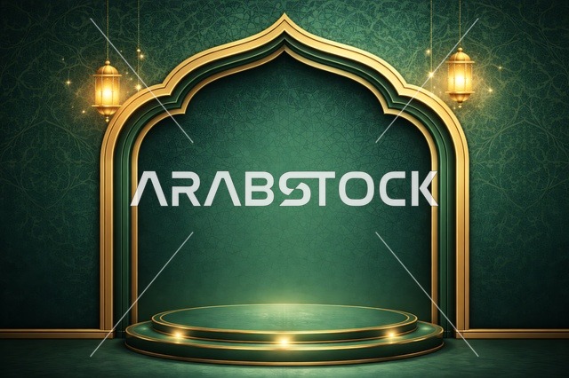 منصة عرض إسلامية خضراء وذهبية مع فوانيس معلقة