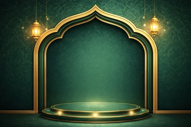 Green and Gold Islamic Podium with Hanging Lanterns