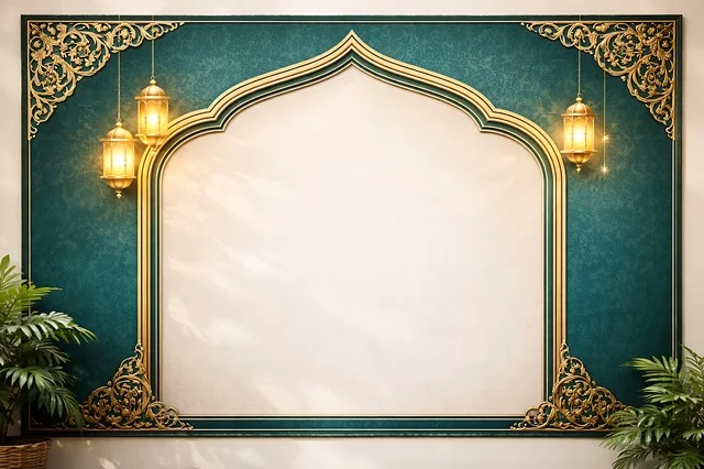 Ramadan Eid Background with Golden Arch and Lanterns