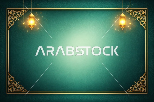 Ramadan Eid Green Background with Golden Lanterns