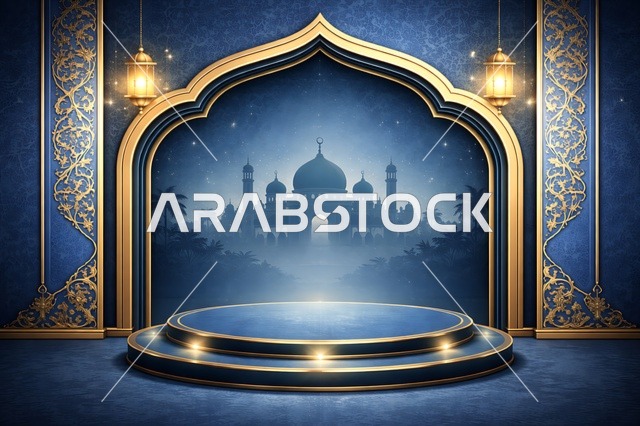 Blue Islamic Podium with Mosque Silhouette Background