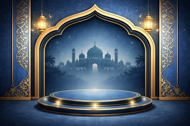 Blue Islamic Podium with Mosque Silhouette Background