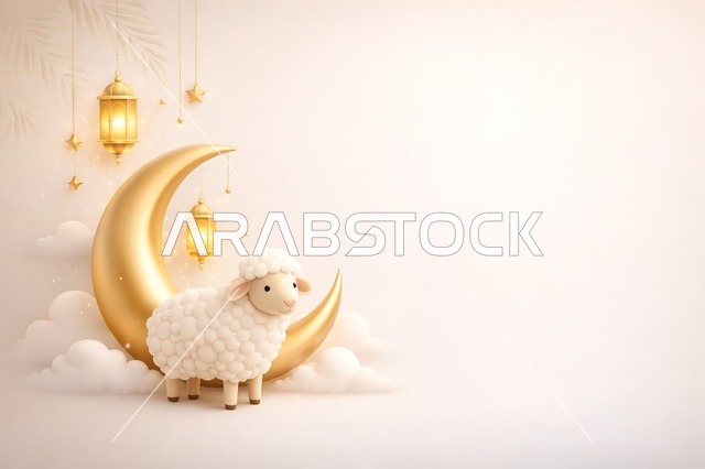 خروف عيد الأضحى وهلال ذهبي ثلاثي الأبعاد