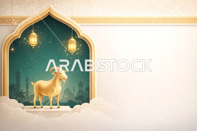خلفية عيد الأضحى مع خروف ذهبي وفوانيس