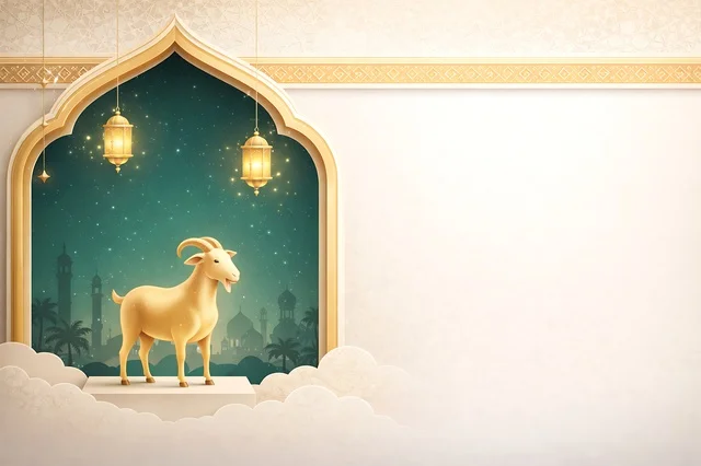 خلفية عيد الأضحى مع خروف ذهبي وفوانيس