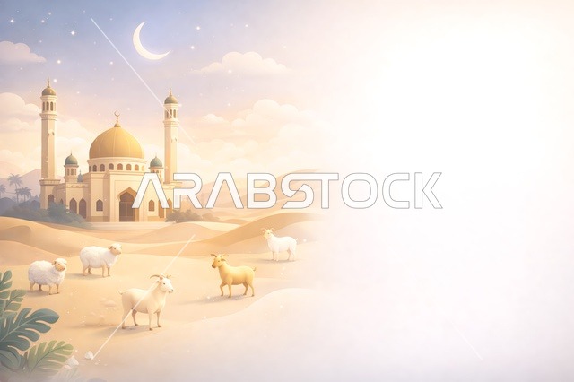 رسم توضيحي لمسجد وصحراء مع أغنام لعيد الأضحى