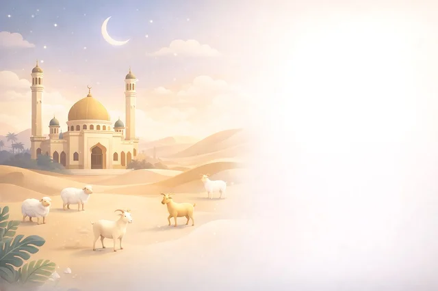Mosque Desert Landscape with Sheep for Eid Al-Adha