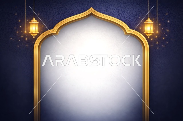 Islamic Golden Arch with Ramadan Lanterns Background