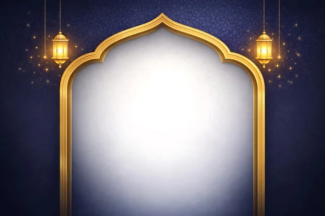 Islamic Golden Arch with Ramadan Lanterns Background