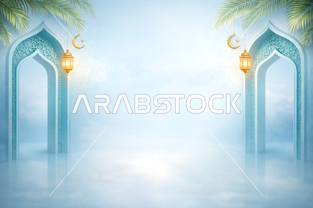 خلفية رمضانية إسلامية مع أقواس زرقاء وفوانيس