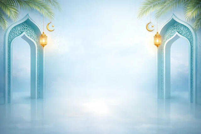 Islamic Ramadan Background with Blue Arches and Lanterns